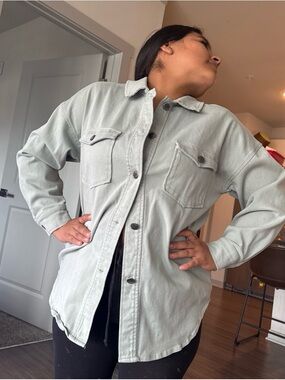 dip Light Sage Green Button-Front Jean Jacket